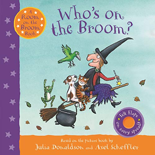A witch, cat, dog, bird, and frog flying on a broomstick against blue sky.