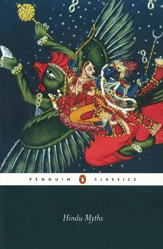 "Hindu Myths" book cover with colorful illustration of deities and "Penguin Classics" logo.