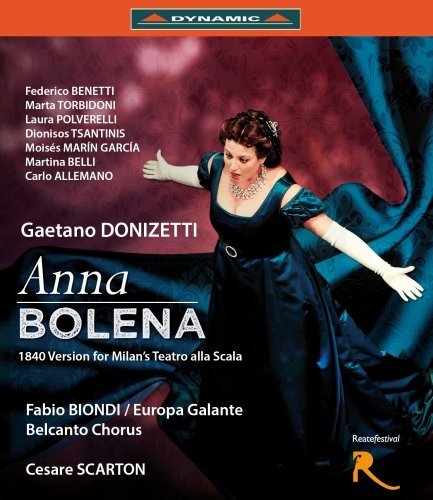 Blu-ray cover for Donizetti’s “Anna Bolena” opera, featuring a woman in a dark gown.