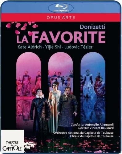 Blu-ray cover for Donizetti's La Favorite featuring three performers standing before arched stage sets.