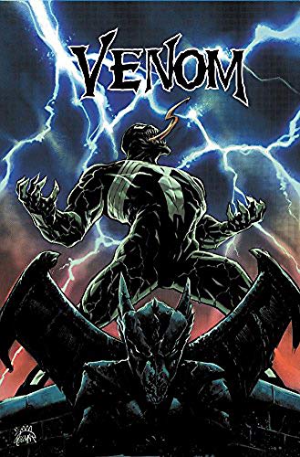 Venom stands atop a gargoyle against a dark background with bright blue lightning bolts.