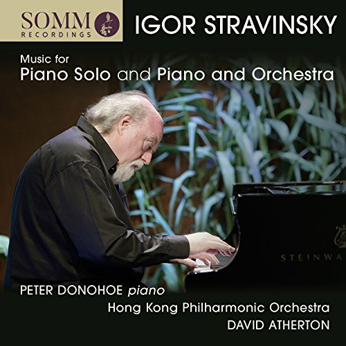 Pianist Peter Donohoe performing at a Steinway piano with text identifying the Stravinsky album.
