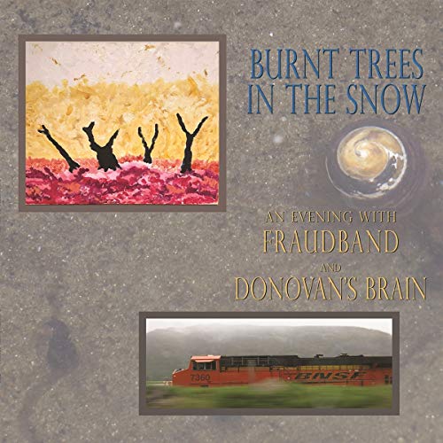 Album cover: painted burnt trees, snow, train, and swirling galaxy.