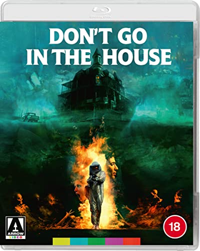 Blu-ray cover for horror film "Don't Go In The House" featuring a haunted house.