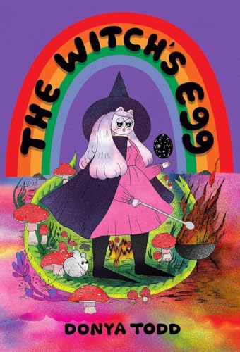 A witch with long white hair and a pink dress stands near a cauldron.