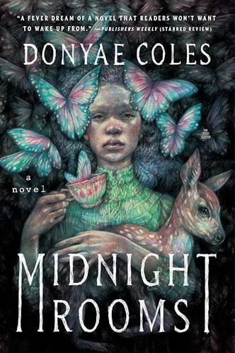 Book cover: woman with butterflies and deer, dark and moody art.