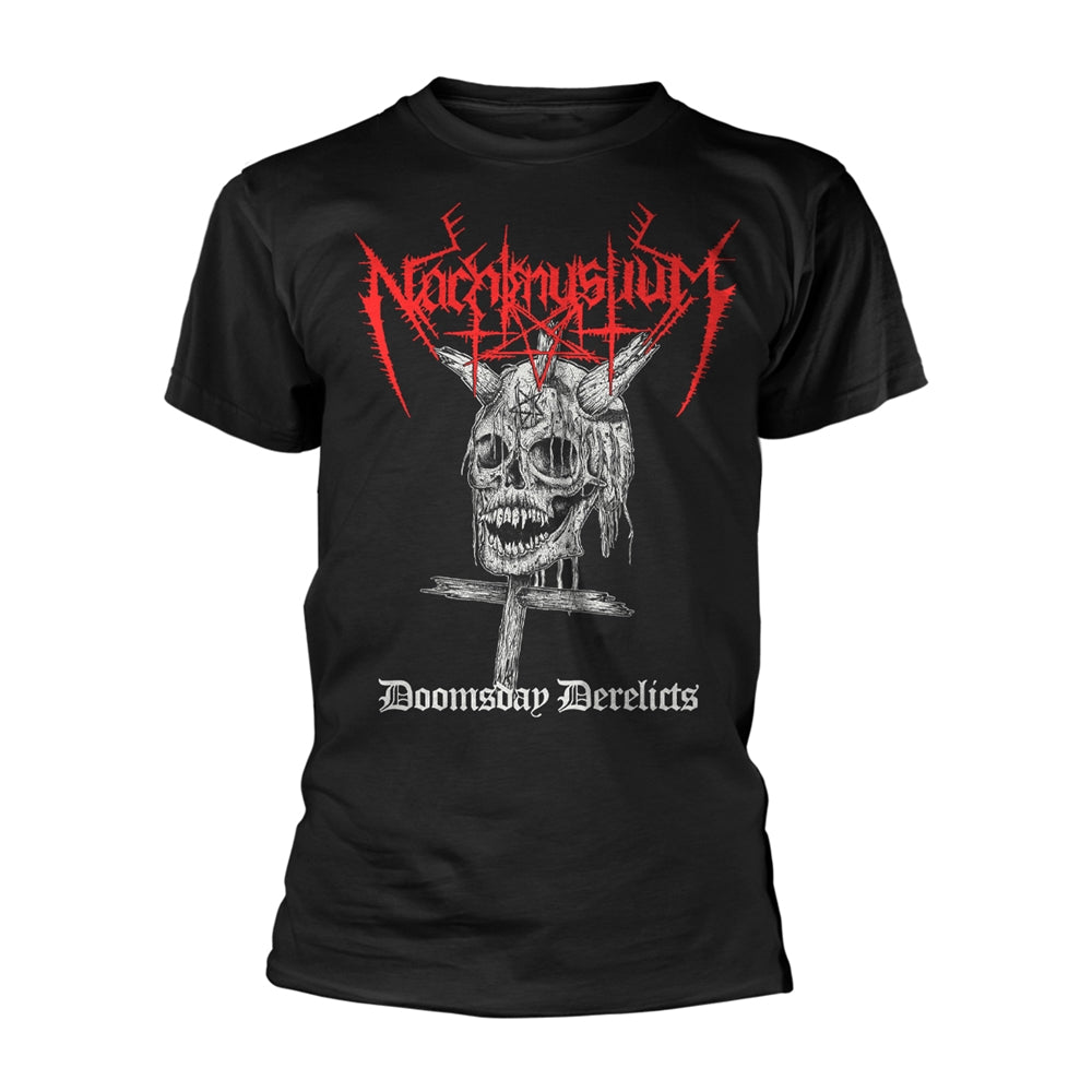 Black t-shirt with a skull and ornate text reading "Doomsday Derelicts".
