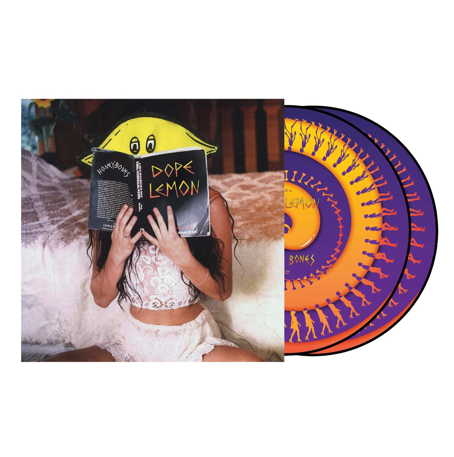 Vinyl record of Dope Lemon’s “Honey Bones,” likely with colorful, patterned cover art.