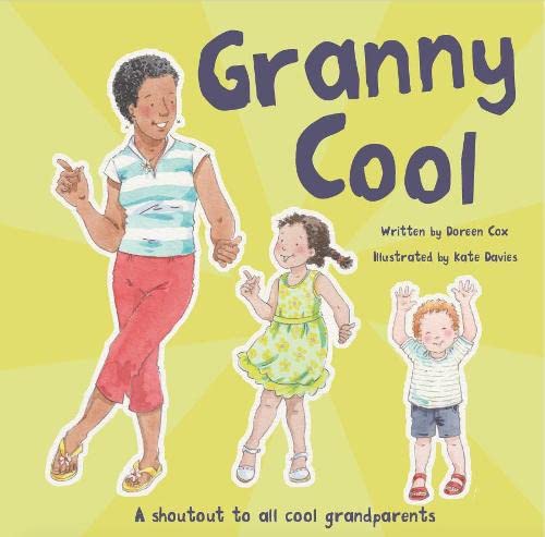 Book cover: grandmother with two children, illustrated style.