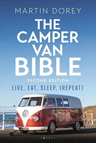 Book cover: "The Camper Van Bible" with a vintage red and white van.