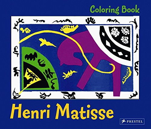 Henri Matisse coloring book cover featuring colorful abstract paper cutout shapes on blue background.