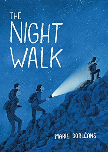 Book cover: three figures hiking uphill at night with a flashlight.