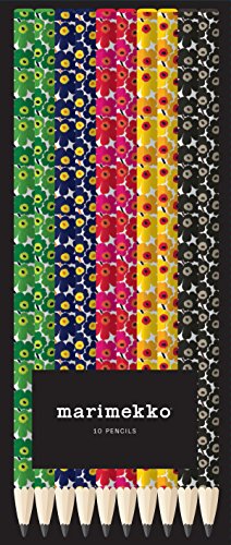 Ten pencils with various colorful floral patterns arranged vertically against a black background.