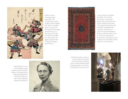 A page showing a Japanese woodblock print, an ornate rug, a woman, and church.