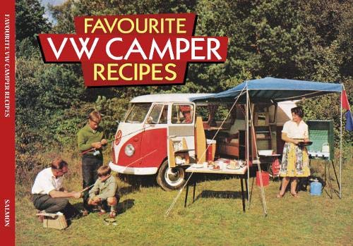 Book cover showing a family camping with a red and white VW campervan.