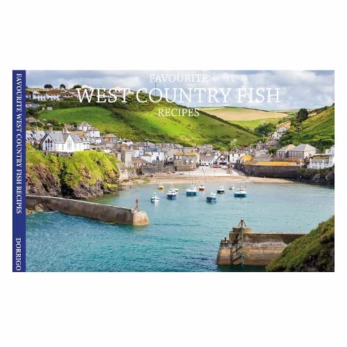 Cookbook cover: coastal village scene with title "Favourite West Country Fish Recipes".