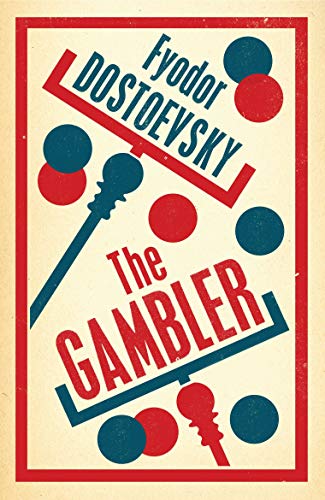 Book cover for The Gambler by Fyodor Dostoevsky featuring red and blue graphic elements.