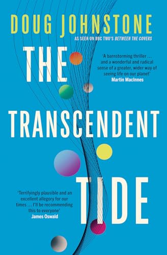 Book cover for The Transcendent Tide by Doug Johnstone with blue background and spheres.