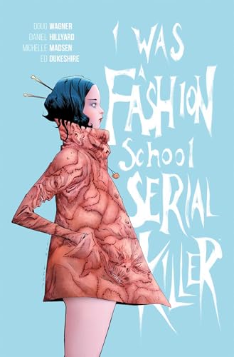 Book cover: woman in red coat, side view, blue background.