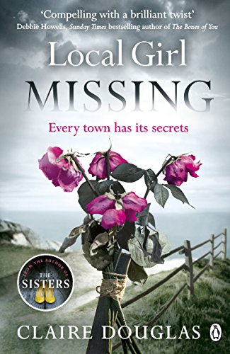Book cover: "Local Girl Missing" with wilted pink roses and coastal scene.