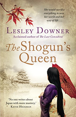 Book cover: woman with red umbrella facing Japanese castle, floral accents.