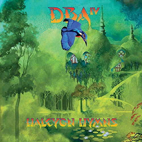 The image depicts a serene forest scene with a blue bird in flight, accompanied by the title "Halcyon Hymns" and the abbreviation "DBA". The artwork features a stylized illustration of a forest landscape, complete with trees, hills, and a body of water. The color palette is predominantly green, with touches of blue and yellow. To recreate this image, one would need to include the following key elements: * A blue bird in flight * A forest landscape with trees, hills
