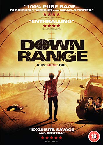 DVD cover for "Downrange" showing a man standing on a road with a crashed vehicle.