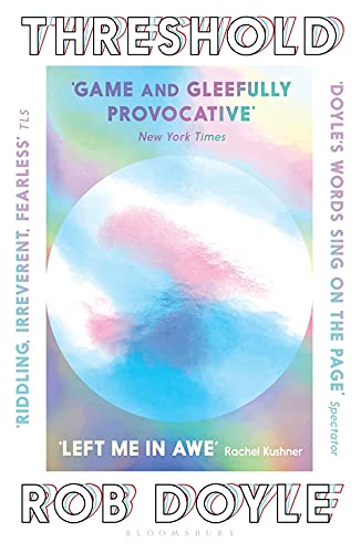 Book cover with abstract pink and blue circular design, titled “Threshold.”