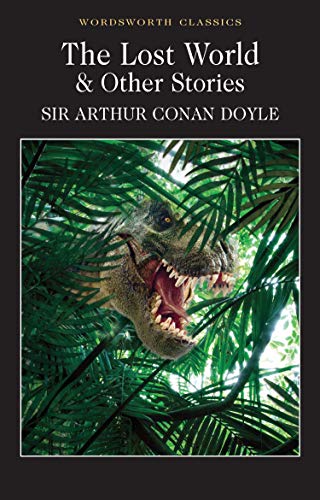 Book cover for The Lost World and Other Stories showing a dinosaur in foliage.
