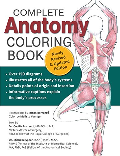 Cover of Complete Anatomy Coloring Book featuring a diagram of human muscles in yoga pose.