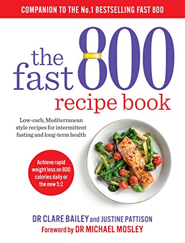 Cookbook cover featuring salmon with vegetables, titled “The Fast 800 Recipe Book”.