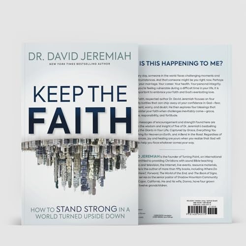 Book cover: "Keep the Faith" by David Jeremiah, with city skyline image.