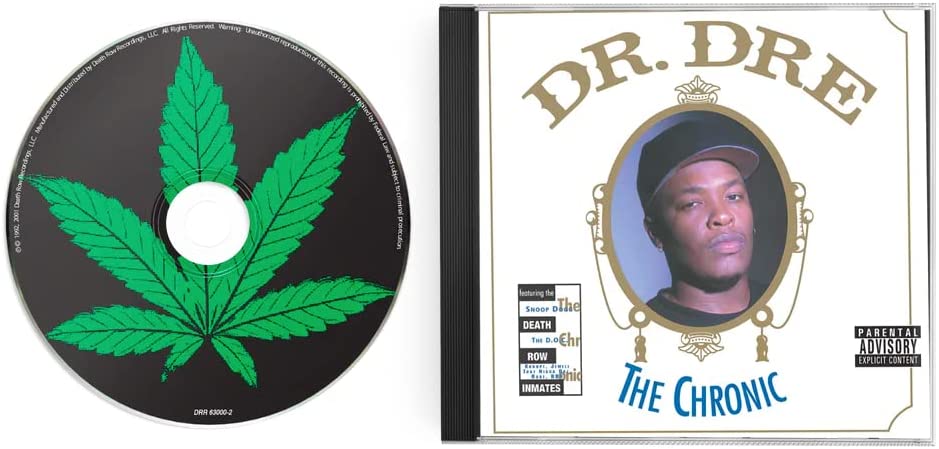 Dr. Dre’s “The Chronic” CD case with a cannabis leaf and portrait.