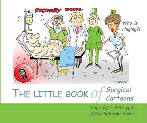 Cartoon depicts a recovery room scene with patients and medical staff.