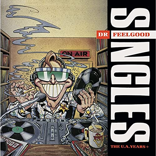 Cartoon DJ with headphones and turntable, album cover for Dr. Feelgood.