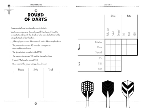 Puzzle page from a darts activity book with a chart and dart illustrations.