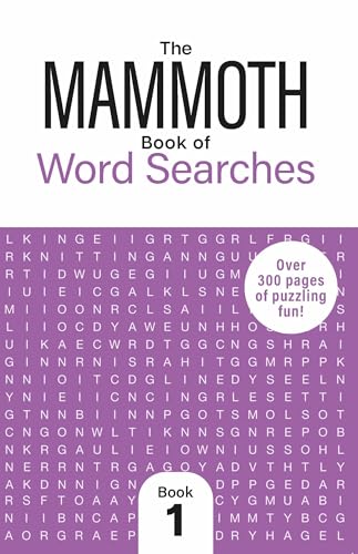 Book cover with purple text “The Mammoth Book of Word Searches 1” and grid.