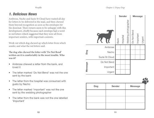 Two open book pages featuring a logic puzzle with text, grids, and dog silhouette.