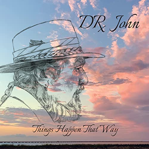 Dr. John album cover with sketched portrait against a sunset sky.