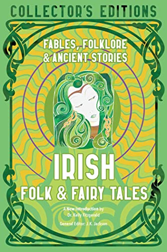 Book cover titled Irish Folk & Fairy Tales with an illustration of a woman's face.