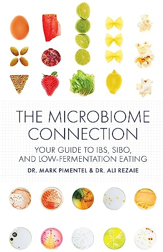 Book cover with food illustrations and petri dish images, titled “The Microbiome Connection.”