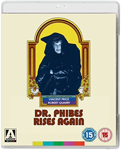 Blu-ray cover for "Dr. Phibes Rises Again" featuring Vincent Price in dark robes.