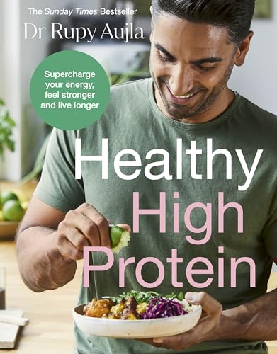 Cookbook with healthy recipes, high protein focus, vibrant food images, and chef styling.