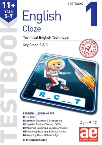 Cover of “11+ English” testbook featuring an astronaut and tablet.