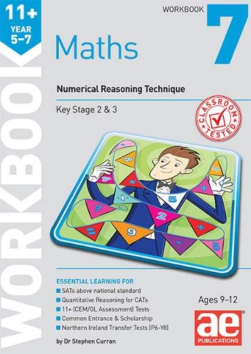 11+ Maths Year 5-7 workbook cover featuring a cartoon man with mathematical bunting.