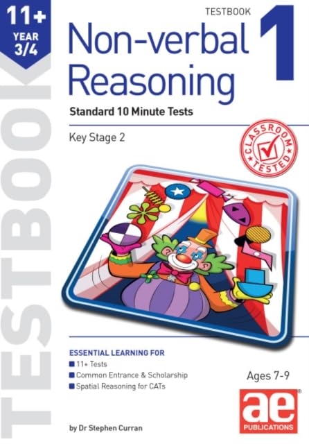 Testbook 1 for 11+ Non-verbal Reasoning, Year 3/4, with clown illustration.