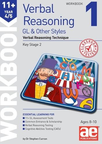 Workbook cover with colorful letters, a clown, and “11+ Verbal Reasoning” text.
