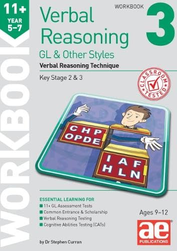 Front cover of an 11+ Verbal Reasoning workbook featuring a cartoon character with blocks.