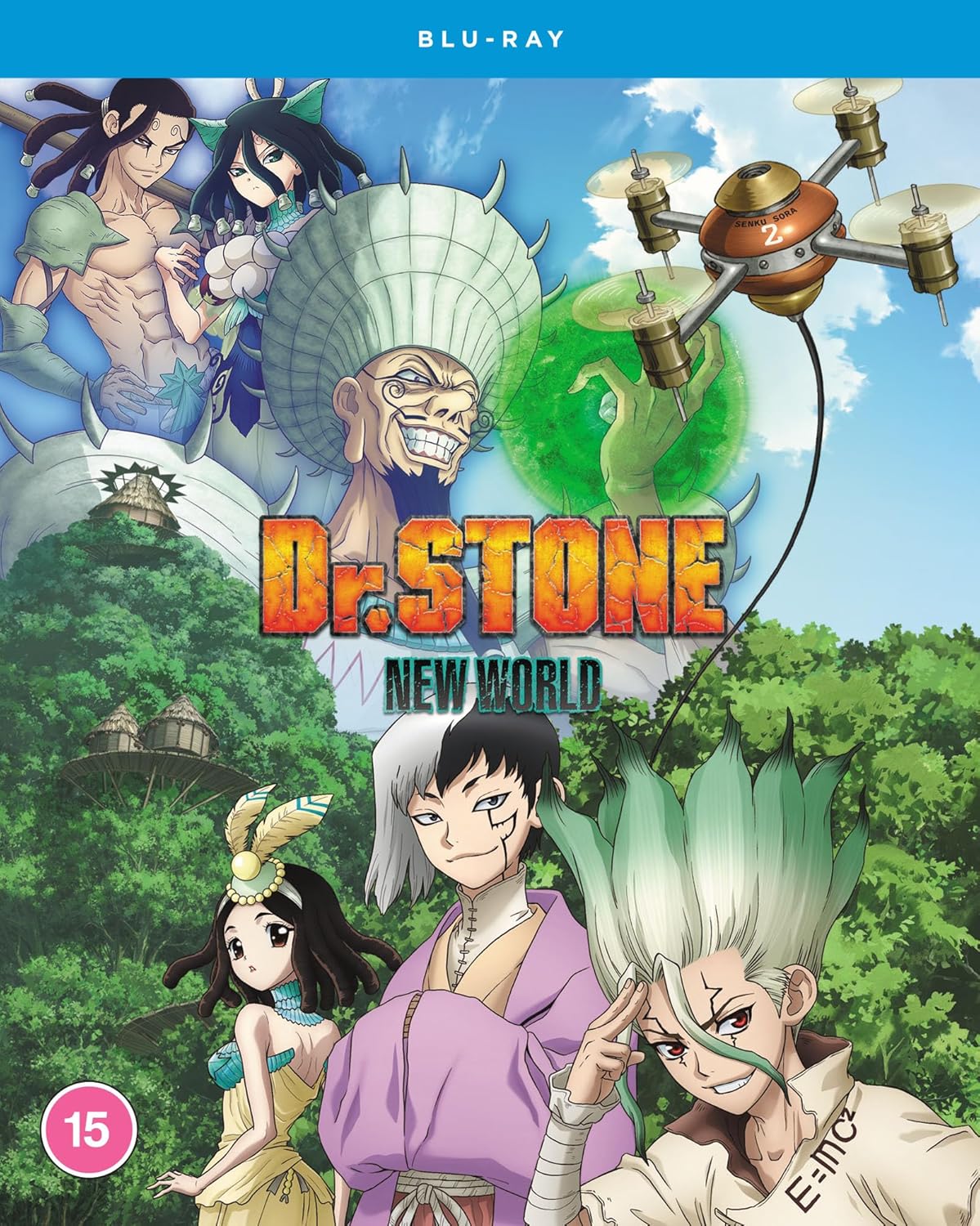 Dr. Stone New World Blu-ray cover with anime characters and a drone.