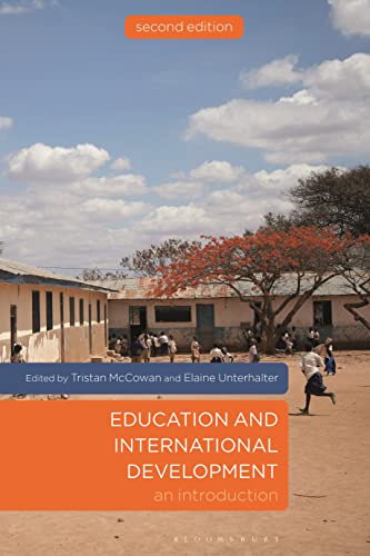 Book cover: "Education and International Development" with a school scene.